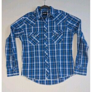 Wrangler Wrancher Men's Blue Plaid Flannel Pearl Snap Button Up Shirt Size Large